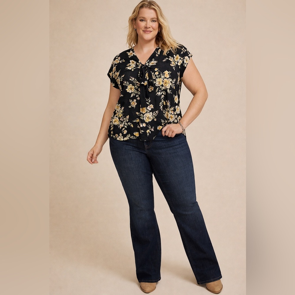 2X SHEER Siren Lily Black and Yellow Floral Blouse with bow